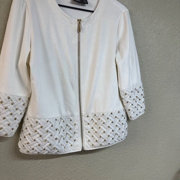 Chico's Travelers Mixed Media Collarless Faux Suede Jacket Size 1/M/8 White Gold - Picture 5 of 7